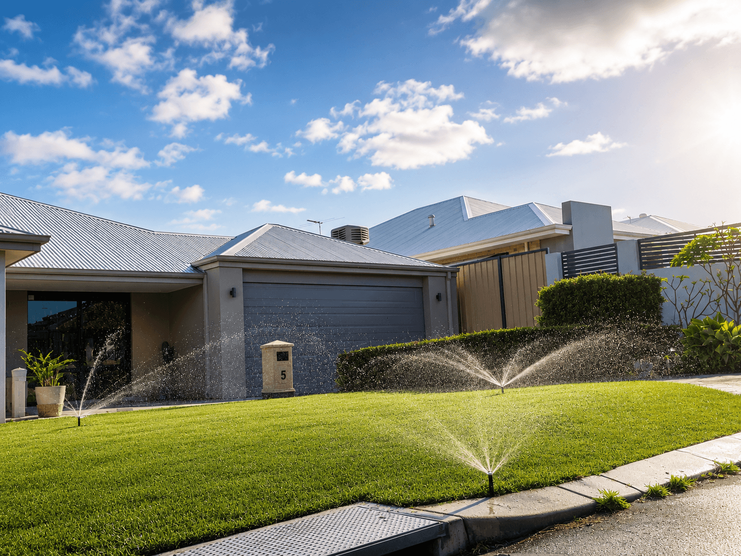 A healthy green lawn with irrigation water catching sunlight