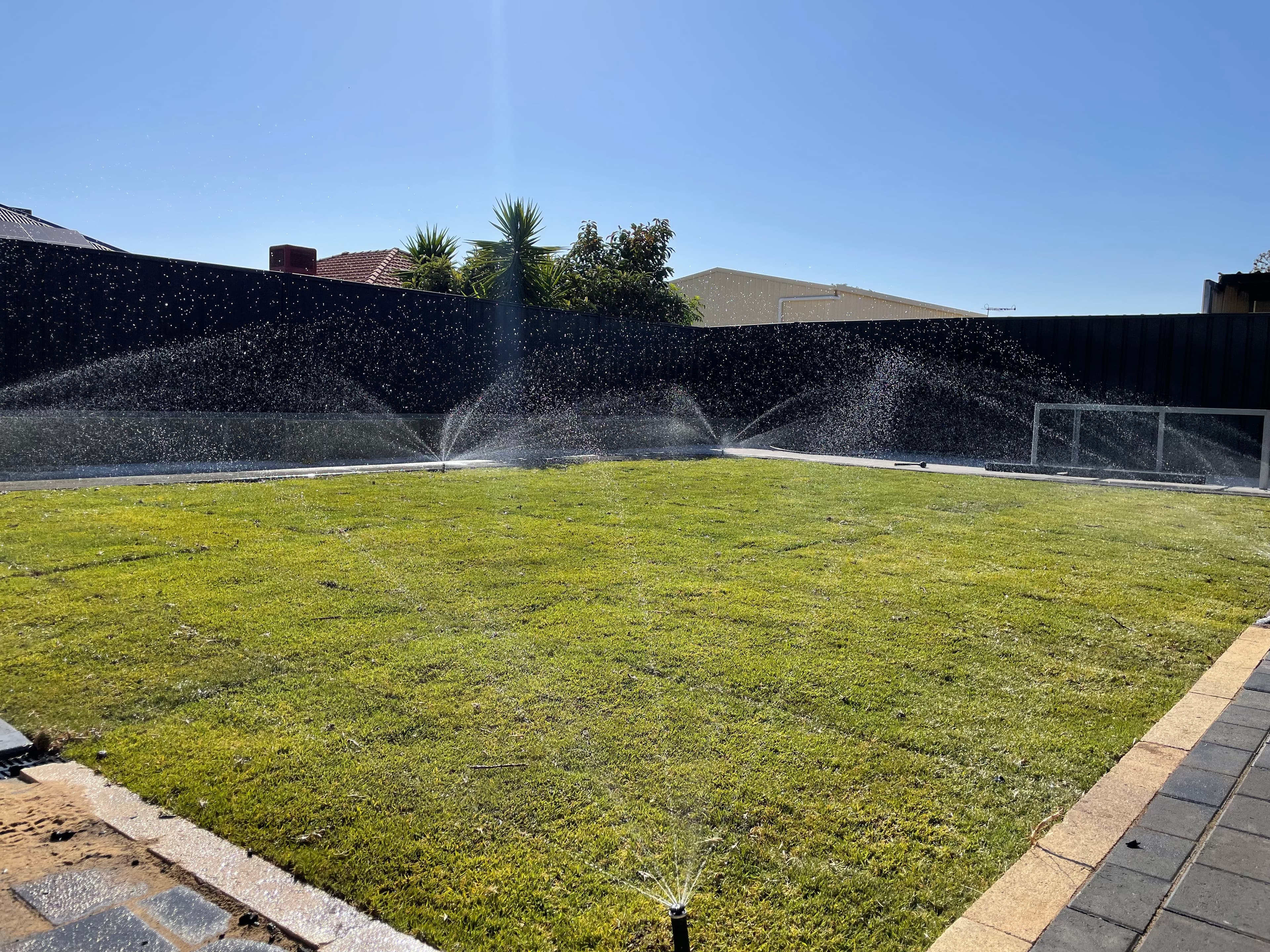Irrigation water spraying across a planted garden bed